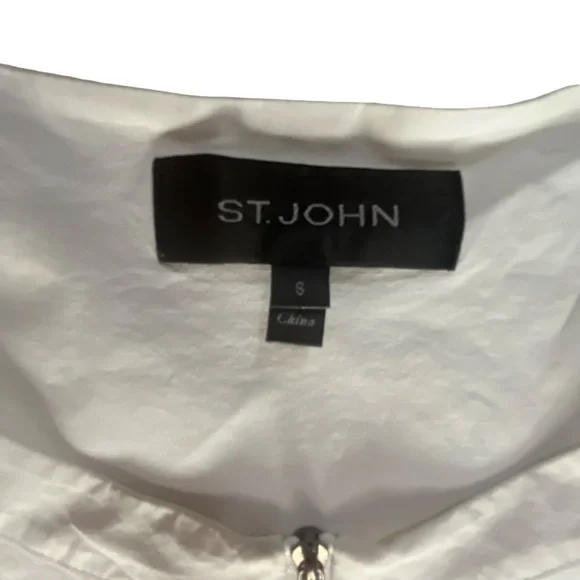 St. John White Zip Up Short Sleeve Crisp Cotton Blouse Size S - Picture 2 of 8